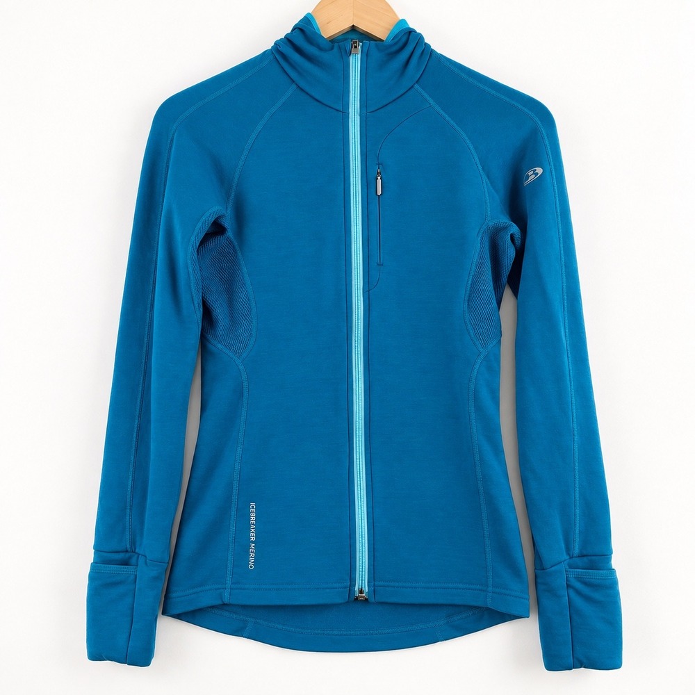 Icebreaker Merino GT Womens Small Teal Blue Full Zip Hooded Jacket Thumbholes